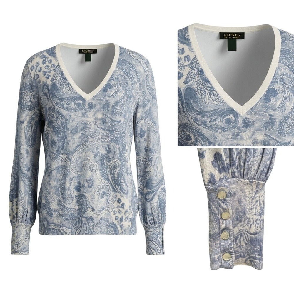 LAUREN RALPH LAUREN Silk Cotton Paisley V-Neck Sweater Women XL Button Cuff Blue